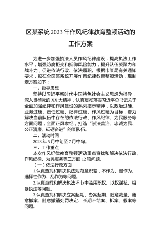 区某系统2023年作风纪律教育整顿活动的工作方案