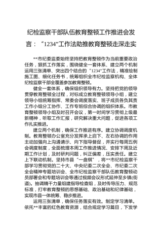 纪检监察干部队伍教育整顿工作推进会发言：“1234”工作法助推教育整顿走深走实
