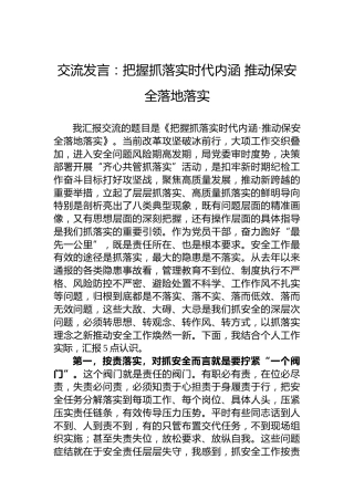 交流发言：把握抓落实时代内涵推动保安全落地落实