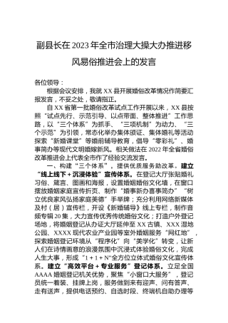 副县长在2023年全市治理大操大办推进移风易俗推进会上的发言