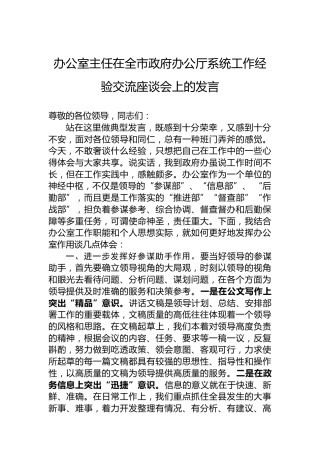 办公室主任在全市政府办公厅系统工作经验交流座谈会上的发言