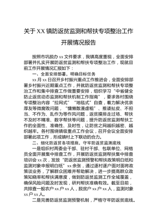 关于XX镇防返贫监测和帮扶专项整治工作开展情况报告