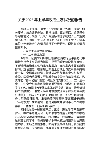 关于2023年上半年政治生态状况的报告