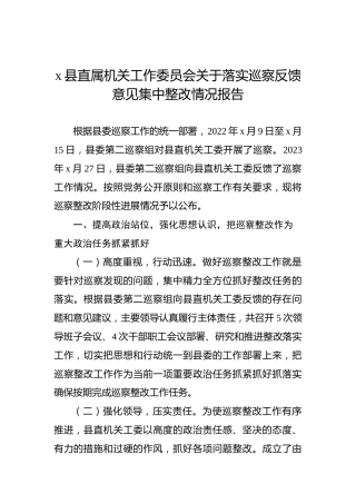 x县直属机关工作委员会关于落实巡察反馈意见集中整改情况报告