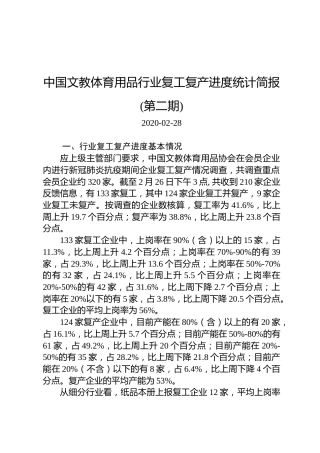 中国文教体育用品行业复工复产进度统计简报(第二期)