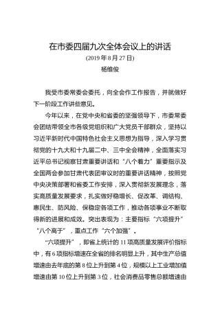 杨维俊：在市委四届九次全体会议上的讲话