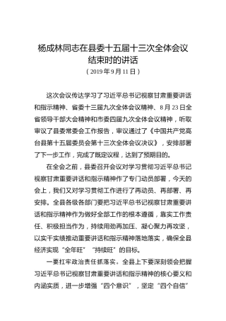 杨成林：在县委十五届十三次全体会议结束时的讲话