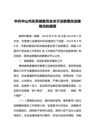 中共中山市东凤镇委员会关于巡察整改进展情况的通报