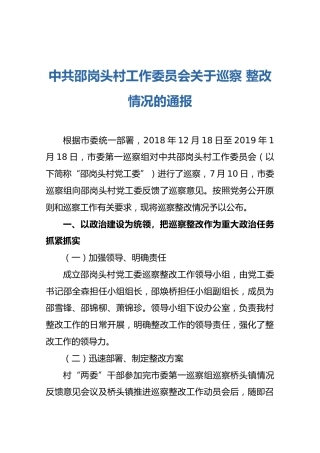 中共邵岗头村工作委员会关于巡察整改情况的通报