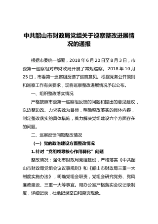 中共韶山市财政局党组关于巡察整改进展情况的通报