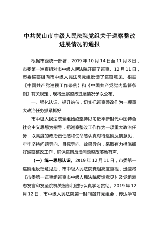 中共黄山市中级人民法院党组关于巡察整改进展情况的通报