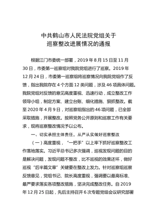 中共鹤山市人民法院党组关于巡察整改进展情况的通报