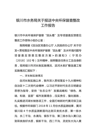 银川市水务局关于报送中央环保督查整改工作报告