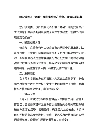 双石镇关于“两会”期间安全生产检查开展情况的汇报
