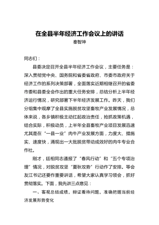 秦智坤：在全县半年经济工作会议上的讲话