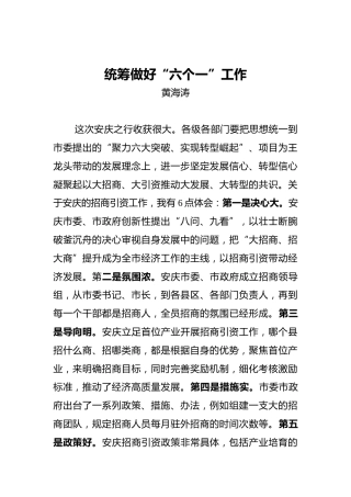 黄海涛：统筹做好“六个一”工作
