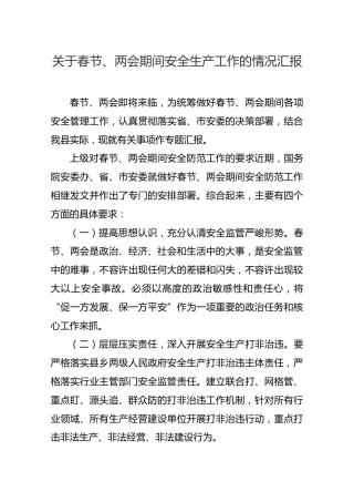 关于春节、两会期间安全生产工作的情况汇报