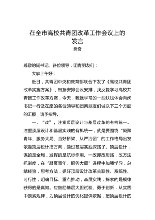樊奇：在全市高校共青团改革工作会议上的发言