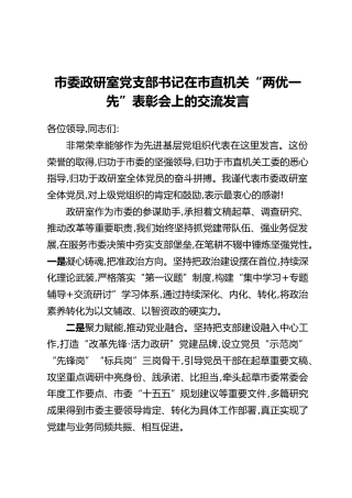市委政研室党支部书记在市直机关“两优一先”表彰会上的交流发言