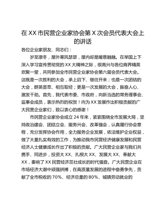 在XX市民营企业家协会第X次会员代表大会上的讲话
