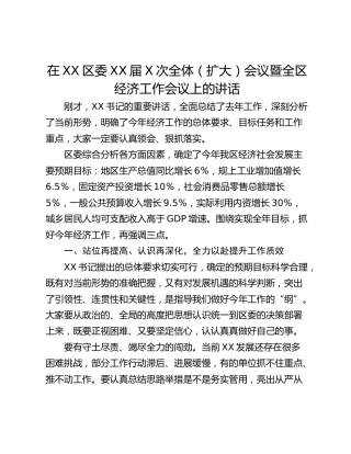 在XX区委XX届X次全体（扩大）会议暨全区经济工作会议上的讲话
