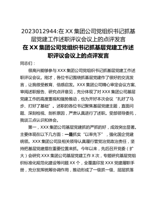 在XX集团公司党组织书记抓基层党建工作述职评议会议上的点评发言