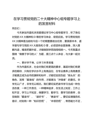 在学习贯彻党的二十大精神中心组专题学习上的发言材料
