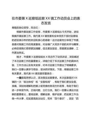 在市委第X巡察组巡察XX镇工作动员会上的表态发言