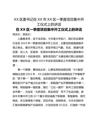 XX区委书记在XX市XX区一季度项目集中开工仪式上的讲话