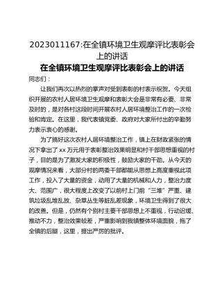 在全镇环境卫生观摩评比表彰会上的讲话