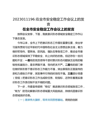在全市安全稳定工作会议上的发言