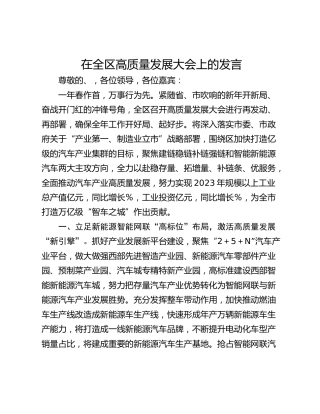 在全区高质量发展大会上的发言