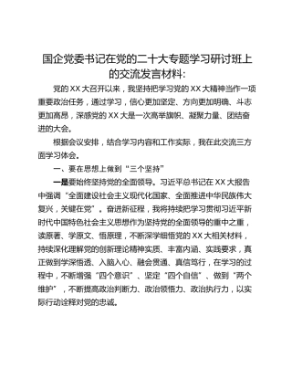 国企党委书记在党的二十大专题学习研讨班上的交流发言材料_