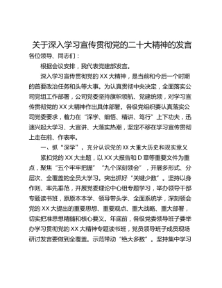 关于深入学习宣传贯彻党的二十大精神的发言