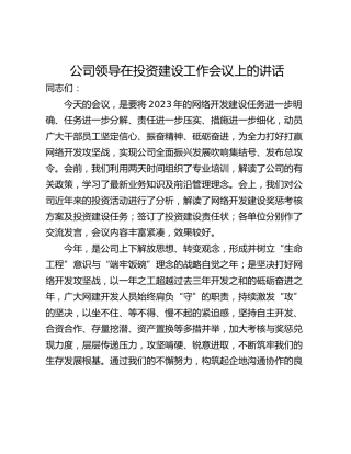 公司领导在投资建设工作会议上的讲话