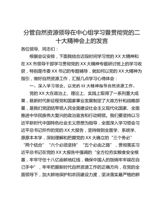 分管自然资源领导在中心组学习暨贯彻党的二十大精神会上的发言