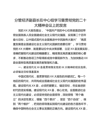 分管经济副县长在中心组学习暨贯彻党的二十大精神会议上的发言