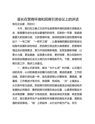 县长在营商环境和招商引资会议上的讲话