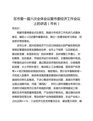 在市委一届六次全体会议暨市委经济工作会议上的讲话（市长）