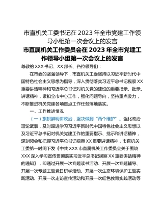 市直机关工委书记在2023年全市党建工作领导小组第一次会议上的发言