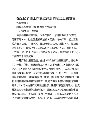 在全区乡镇工作总结谋划调度会上的发言