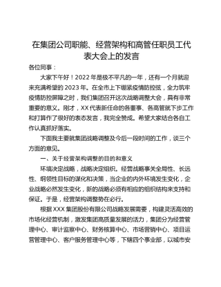 在集团公司职能、经营架构和高管任职员工代表大会上的发言