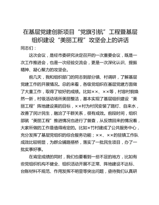在基层党建创新项目“党旗引航”工程暨基层组织建设“美丽工程”攻坚会上的讲话