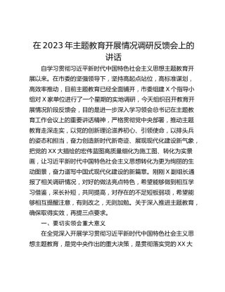 在2023年主题教育开展情况调研反馈会上的讲话