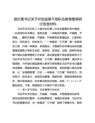 县纪委书记关于纪检监察干部队伍教育整顿研讨发言材料