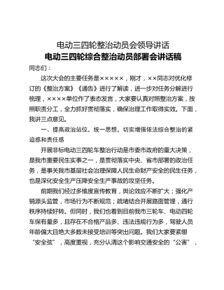 电动三四轮整治动员会领导讲话