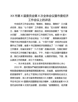 XX市第X届委员会第X次全体会议暨市委经济工作会议上的讲话