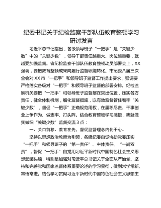 纪委书记关于纪检监察干部队伍教育整顿学习研讨发言