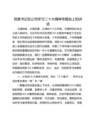 党委书记在公司学习二十大精神专题会上的讲话