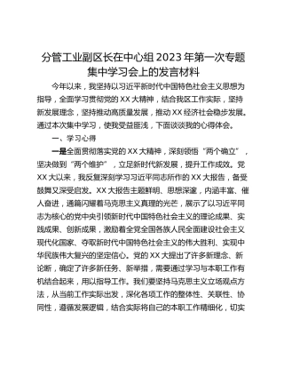 分管工业副区长在中心组2023年第一次专题集中学习会上的发言材料